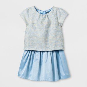 Oshkosh Toddler Girls Brocade Dress Frozen Icy Blue Satin Skirt  Set 2T